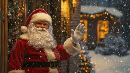 Wall Mural - Santa Claus standing outside a snowy house, waving goodbye as he continues his journey through the night.