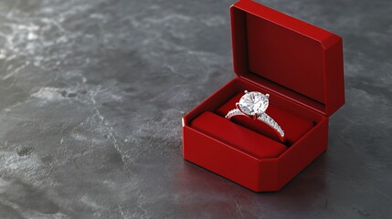 3D rendering of a diamond engagement ring in a red box on a grey background Wedding proposal and love concept