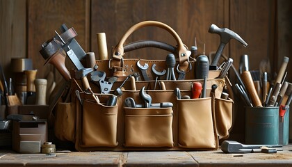 Poster - Tools and work materials spilling from a leather bag, showcasing preparedness for every handy task