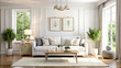 © CreativeEarth - Hampton style living room interior with frame mockup, 3d render, white Mock up frame