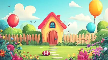 Wall Mural - Cute cartoon house with balloons and flowers in a colorful garden. Illustration of a happy home, perfect for children's books or decorations