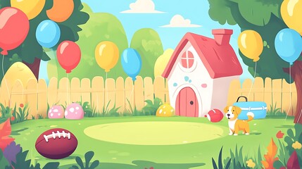 Cartoon backyard with house, balloons, dog, and football