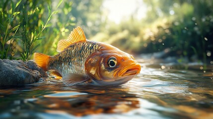 Wall Mural - Golden Carp in a Tranquil Stream: A Close-Up View of Nature's Beauty