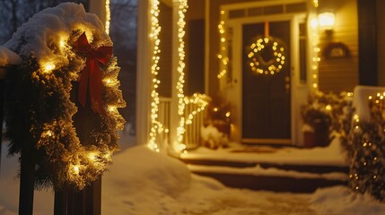 Wall Mural - Warm yellow holiday lights wrapped around a porch, illuminating snow-covered wreaths and garlands.