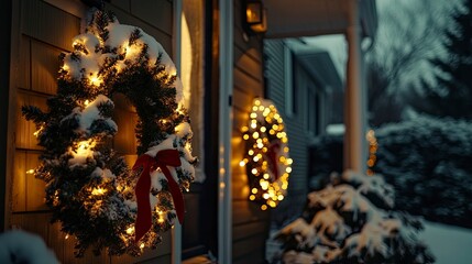 Wall Mural - Warm yellow holiday lights wrapped around a porch, illuminating snow-covered wreaths and garlands.