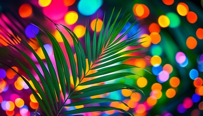 Wall Mural - Tropical palm leaf illuminated by vibrant bokeh lights creating a visually stunning atmosphere