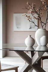 Canvas Print - Minimalist interior design with two white vases and a branch of flowers on a glass table