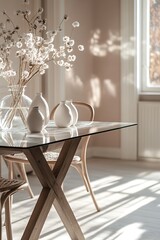 Canvas Print - Minimalist dining table with glass top and wooden legs, decorated with white vases and dried flowers in a vase