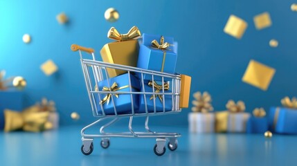 Wall Mural - A shopping cart filled with blue and gold wrapped gifts against a blue background with more gifts floating in the air.