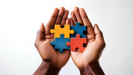 In the palms of the hands puzzles of different colors, close-up. Puzzles in hands on a white background.