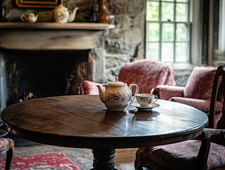 drop-leaf table, dark mahogany finish, set in a cozy living room, stone fireplace in the background, plush armchairs nearby