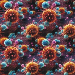 Virus close-up view of corona virus molecule seamless pattern. Health care concept. Coronavirus Covid-19. Precautionary measures. Virus macro photography digital illustration. AI artwork.