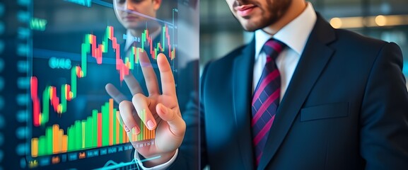 Businessman interacting with a transparent screen displaying abstract financial chart.