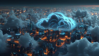 Futuristic digital cloud illuminated by glowing connections, symbolizing advanced cloud computing and interconnected network technology