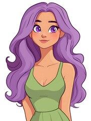 Poster - Cartoon illustration of a young woman with long purple hair, green dress and purple eyes