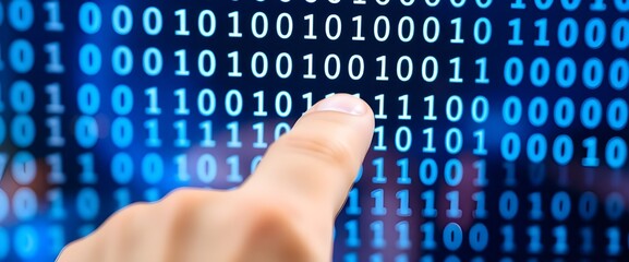 A close-up shot of a smooth human finger interacting with a transparent touch screen displaying abstract Binary code is just 0 and 1 no other numbers.