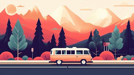 Scenic road trip through mountain landscape in flat design illustration.