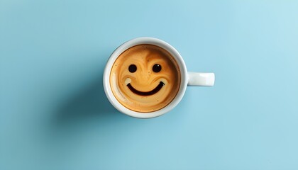 Cheerful coffee cup with smiley face design on light blue background, creating uplifting and positive vibes