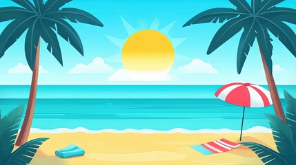 Tropical beach scene with palm trees, sun, and ocean waves.