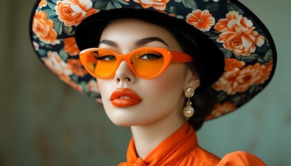 Wall Mural - Vintage elegance exudes from a woman in a stylish flower hat and orange-tinted glasses, showcasing timeless fashion and confidence.