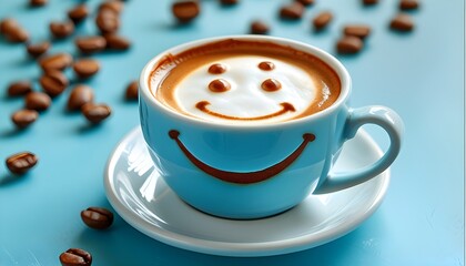 Wall Mural - Cheerful coffee cup with smiley face design on light blue background, creating uplifting and positive vibes