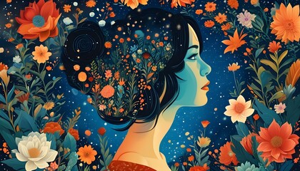 Wall Mural - Elegant silhouette of a woman embraced by a vivid floral design under a mesmerizing starry night sky