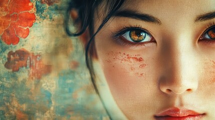 Sticker - Close-up portrait of a woman with brown hair, freckles, and brown eyes, against a blurred background.