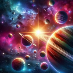 Wall Mural - A vivid and colorful depiction of planets in a galaxy, showcasing a variety of vibrant hues and celestial bodies. The dynamic composition captures the beauty and vastness of outer space.. AI