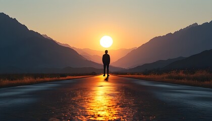 Wall Mural - Solitary figure on a road beneath a vast sunset between majestic mountains, capturing a moment of introspection and peace