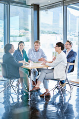 Poster - Team, meeting and paper in office for business, marketing strategy and finance management. Corporate people, woman speaker and discussion at table with report, feedback or planning for upcoming audit
