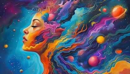 Wall Mural - Cosmic Silhouette of a Woman Embracing Creativity and Imagination Through Vibrant Elements