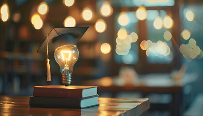 Education learning and Idea knowledge concepts innovative technology, science, and mathematics in school or university. Graduation cap with a lightbulb on the book and icon learning in the classroom