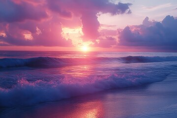 Golden sunset over a beach with waves crashing on the shore