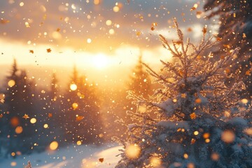 Wall Mural - beautiful winter sunset with snow falling from pine trees