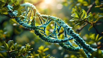 Lush green foliage framing a DNA helix, representing the essence of life, growth, and the intersection of nature with genetic research