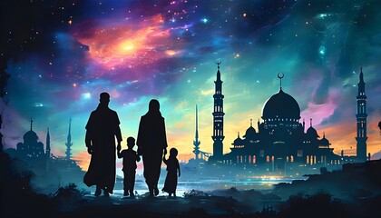 Silhouetted family against a cosmic galaxy backdrop featuring a futuristic cityscape and mosque