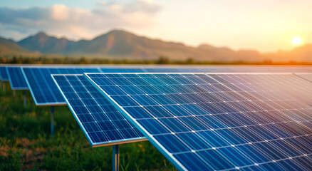 The image features solar panels in a field, capturing sunlight against a backdrop of mountains and a setting sun, symbolizing renewable energy and sustainability.