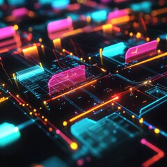 Wall Mural - Abstract digital circuit board with glowing lines and neon lights.