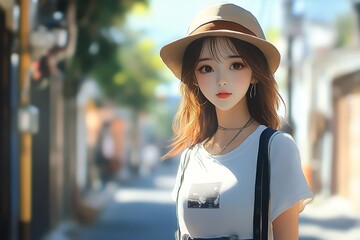 Anime girl with long brown hair wearing a white t shirt and a hat in a city street