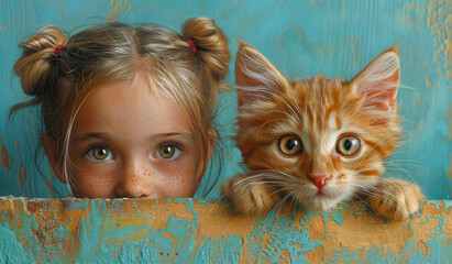 Wall Mural - A girl and a cat are looking at each other. The girl is wearing a ponytail and the cat is orange