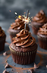 Wall Mural - A cupcake with a sparkler on top. The cupcake is decorated with chocolate frosting and sprinkles