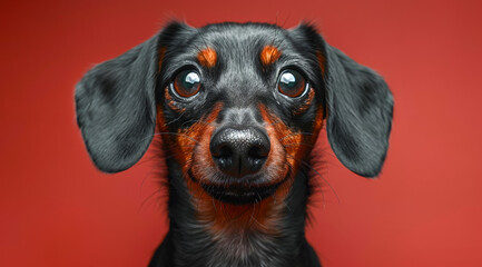 Wall Mural - A black and brown dog with brown eyes is staring at the camera. The dog's ears are perked up and its nose is slightly raised. The dog appears to be curious or alert