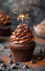 Wall Mural - A cupcake with a lit candle on top. The cupcake is decorated with chocolate frosting and sprinkles