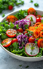 Wall Mural - A bowl of salad with tomatoes, radishes, and carrots. The salad is colorful and fresh, with a variety of textures and flavors. The bowl is placed on a countertop