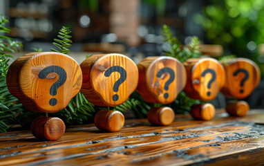 A wooden sign with a black question mark on it is placed on a wooden table. There are five of these signs, all with the same design. Scene is one of curiosity and intrigue