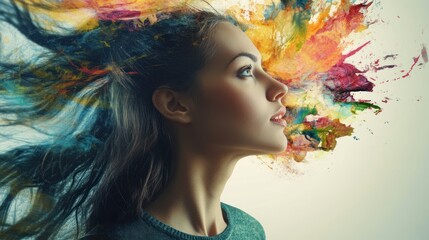 Poster - Woman's Profile With Colorful Abstract Splashes