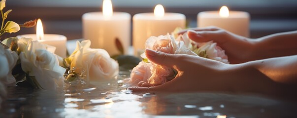 Wall Mural - Hands in Water with Flowers and Candles