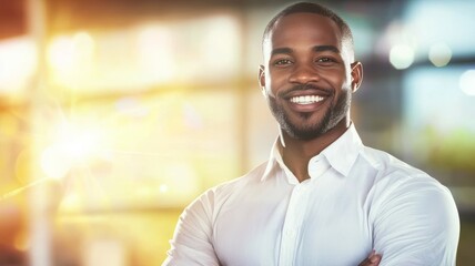 Wall Mural - A man with a big smile on his face is wearing a white shirt