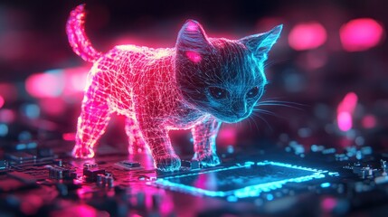 Wall Mural - A neon pink and blue kitten stands on a glowing blue circuit board.