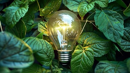 Poster - A glowing light bulb is nestled among vibrant green leaves, illuminating the area with warm light and enhancing the tranquility of the surrounding garden.